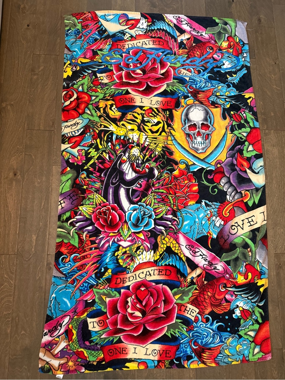 Ed Hardy Purple & Green Tattoo Heart Skull 36” x 68” Beach Towel